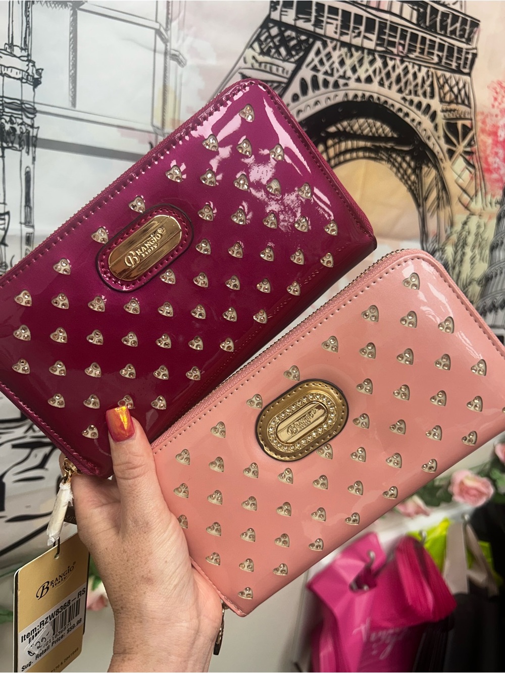 Patent Heart-Stud Zip Wallet - Pink / Magenta